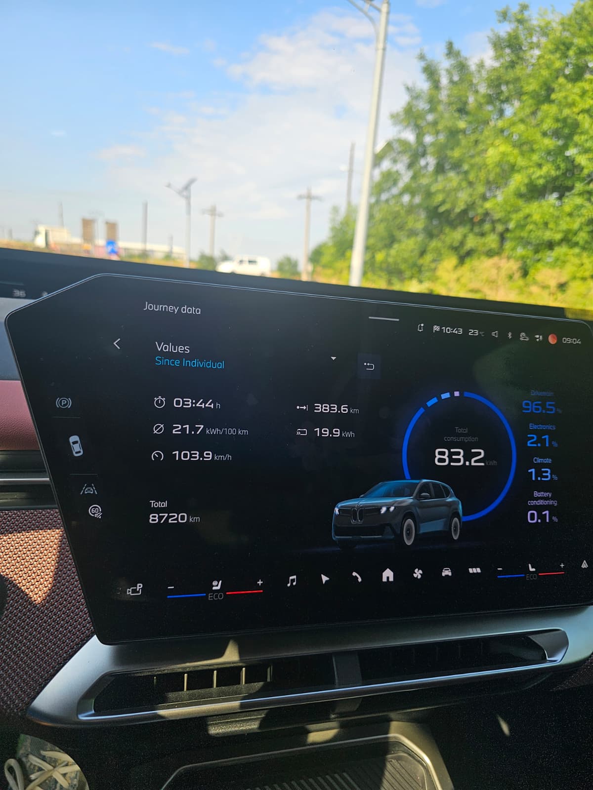 Dashboard BMW iX3 la Brăila, 09:04, 21,7 kWh/100 km